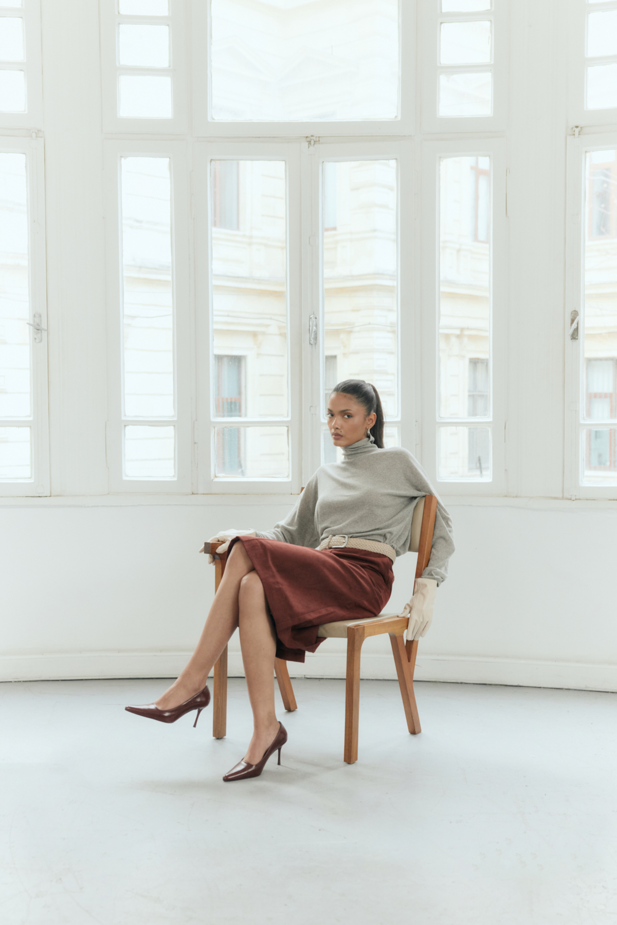 Deri Görünümlü Sivri Burun Stiletto Bordo Kadın Topuklu