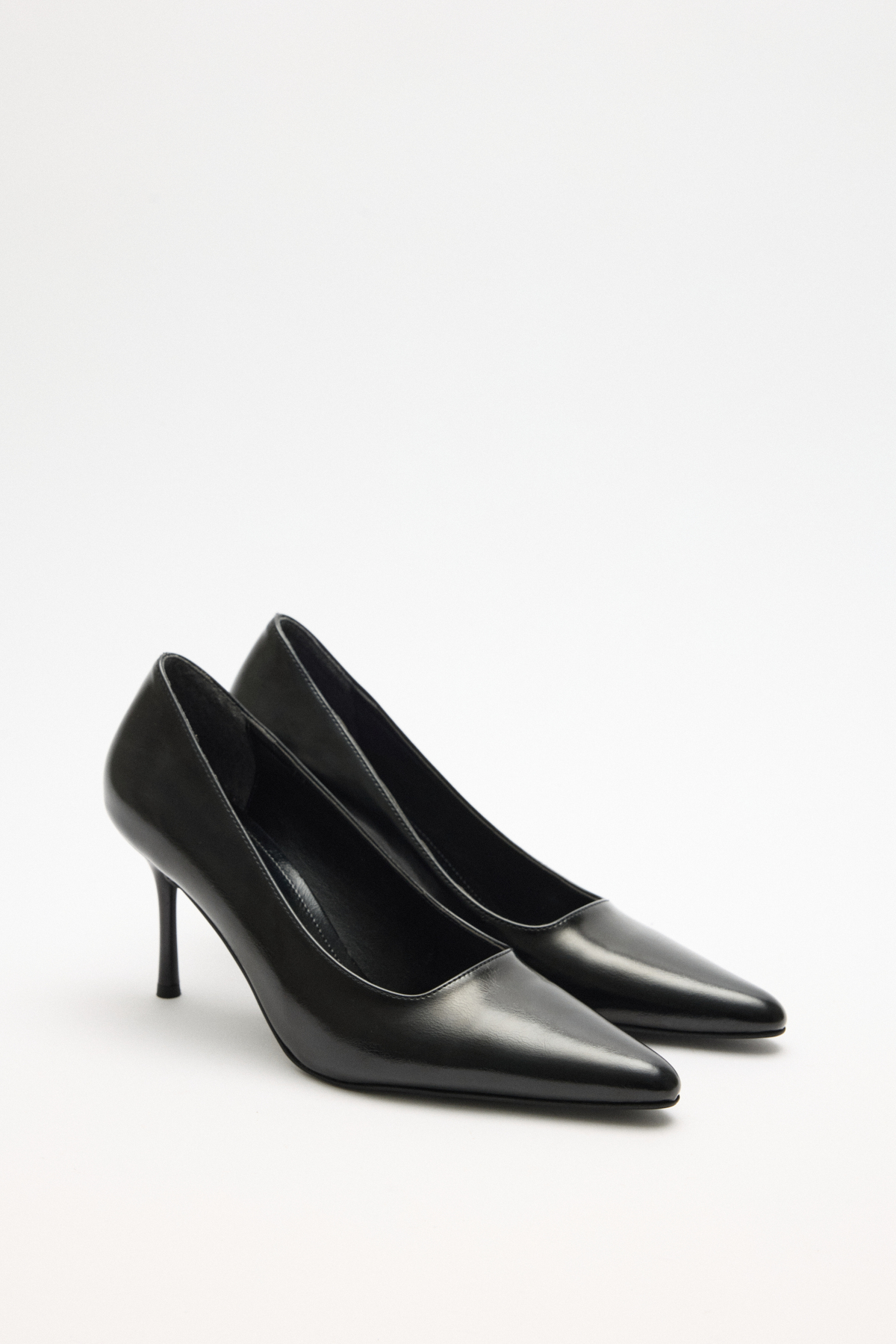 Deri Görünümlü Sivri Burun Stiletto Siyah Kadın Topuklu
