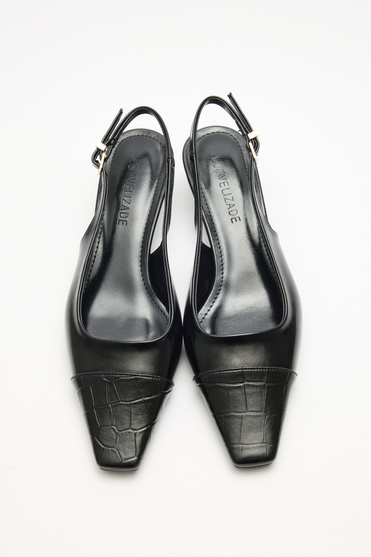 Küt Burun Deri Görünümlü Siyah Kadın Topuklu