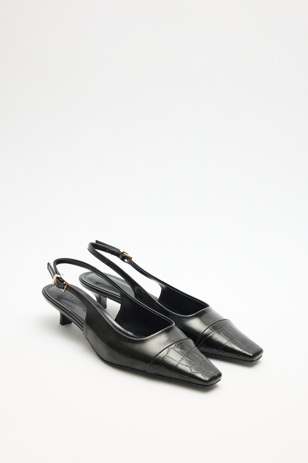 Küt Burun Deri Görünümlü Siyah Kadın Topuklu