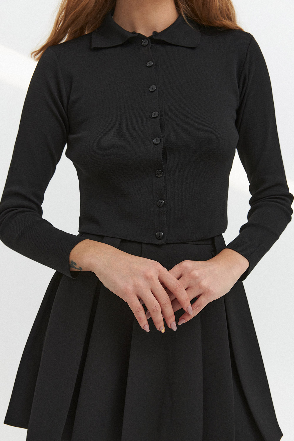 Polo Yaka Crop Top Siyah Kadın Triko