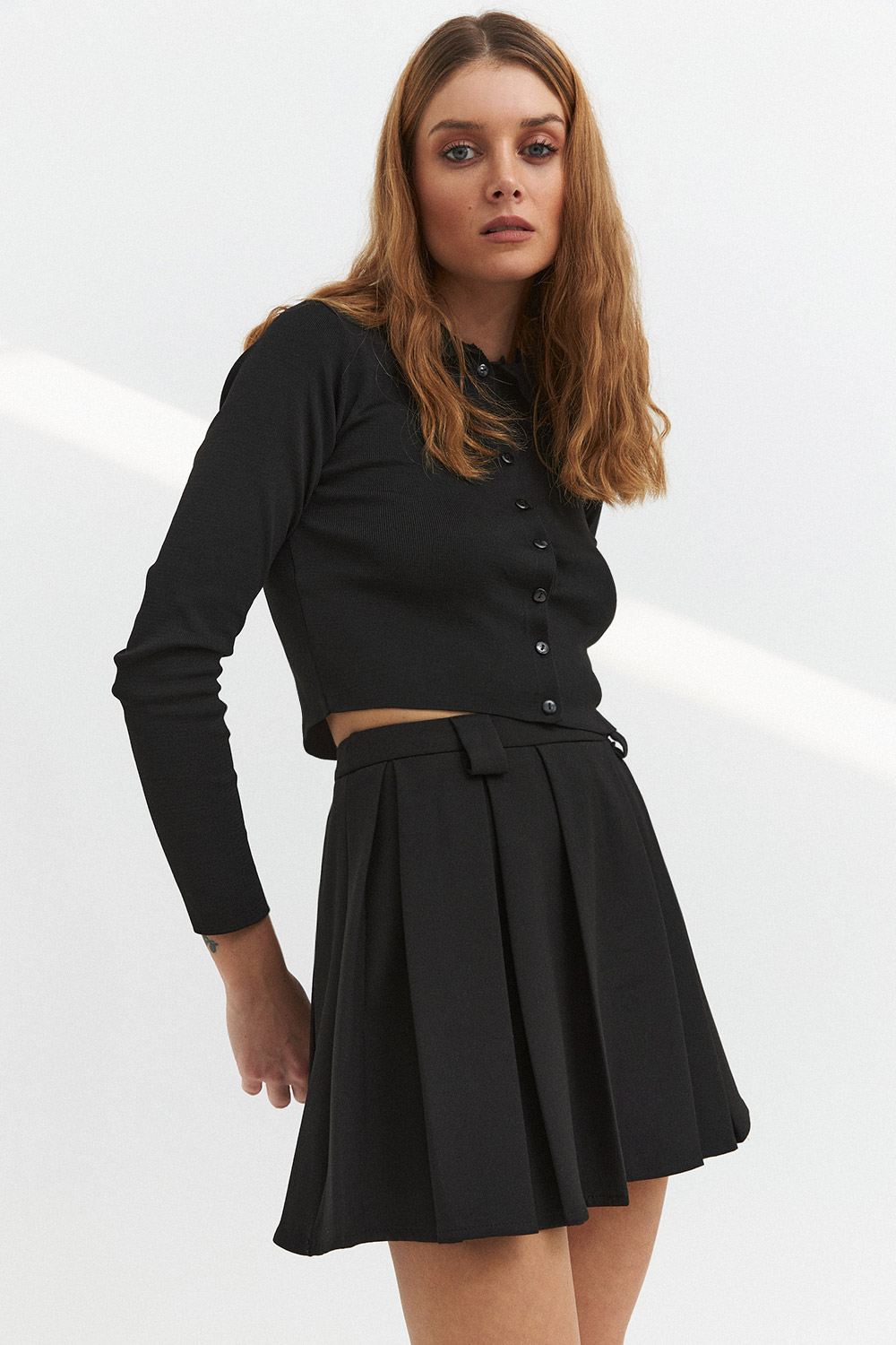 Polo Yaka Crop Top Siyah Kadın Triko