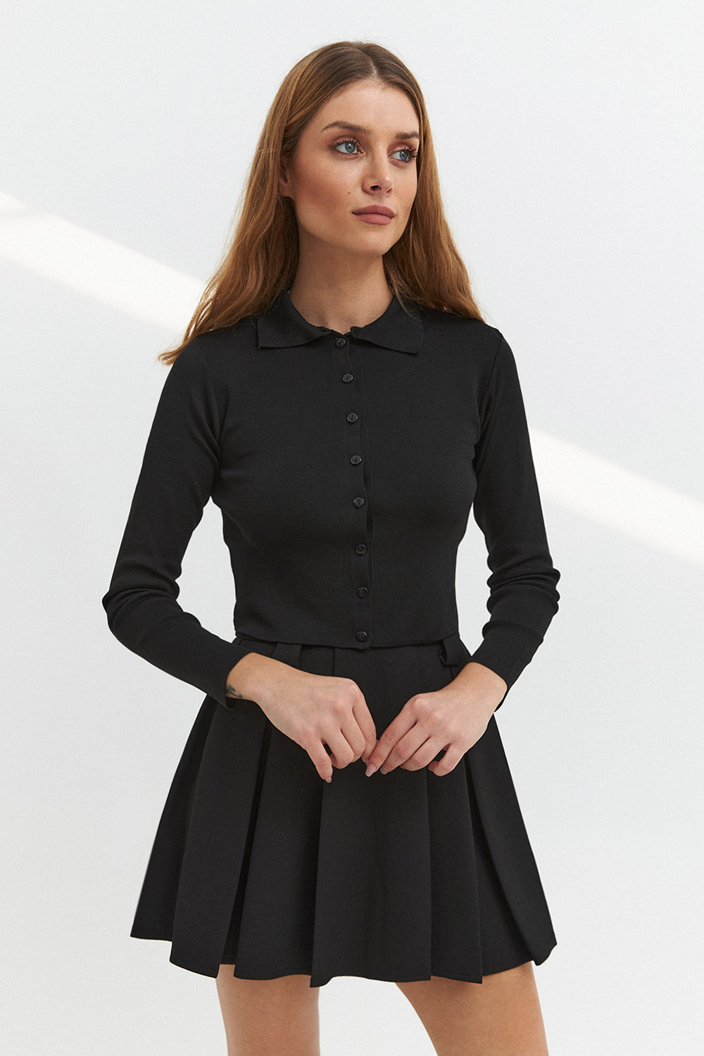 Polo Yaka Crop Top Siyah Kadın Triko