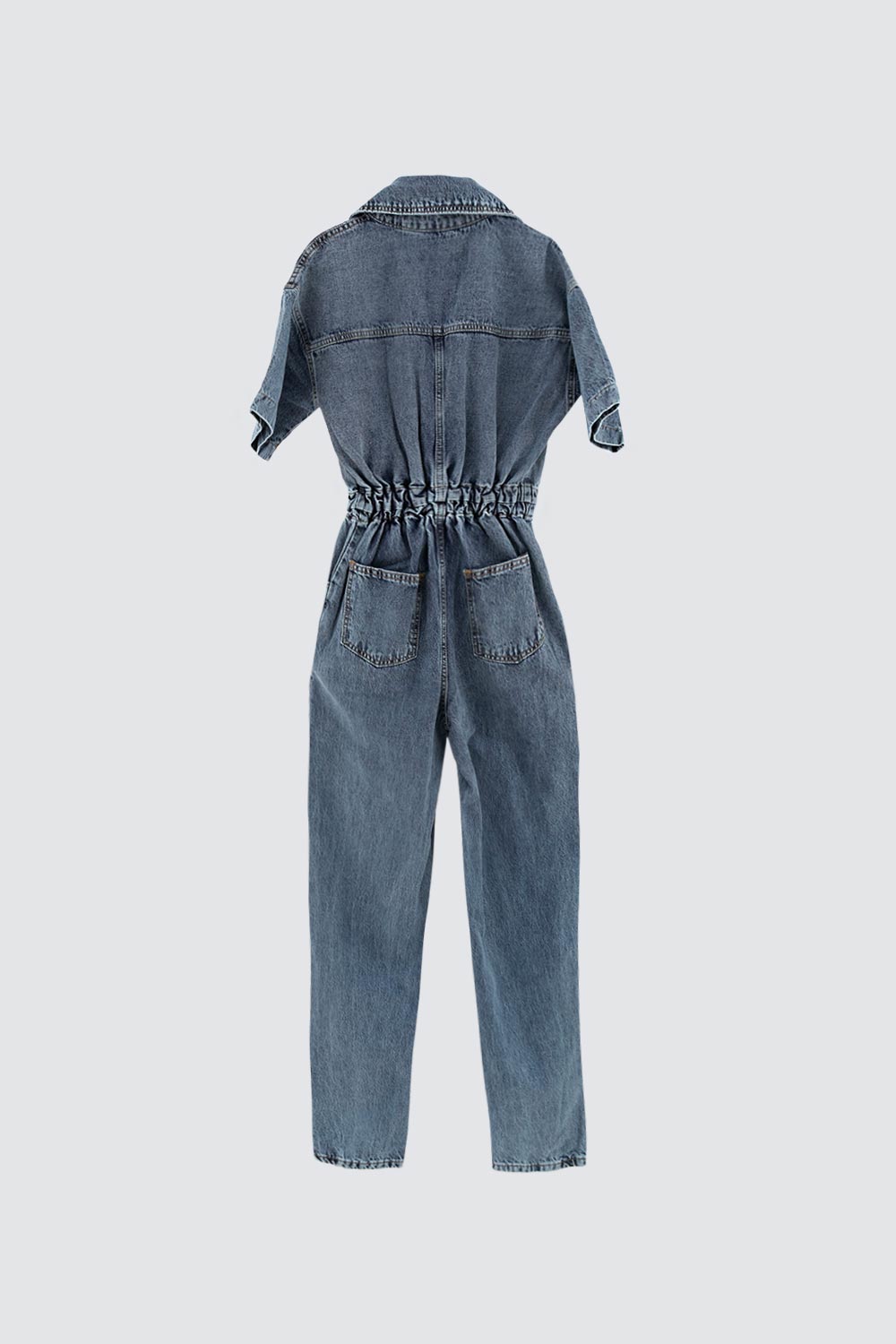 Yarım Kollu Gömlek Yaka Denim Mavi Kadın Tulum