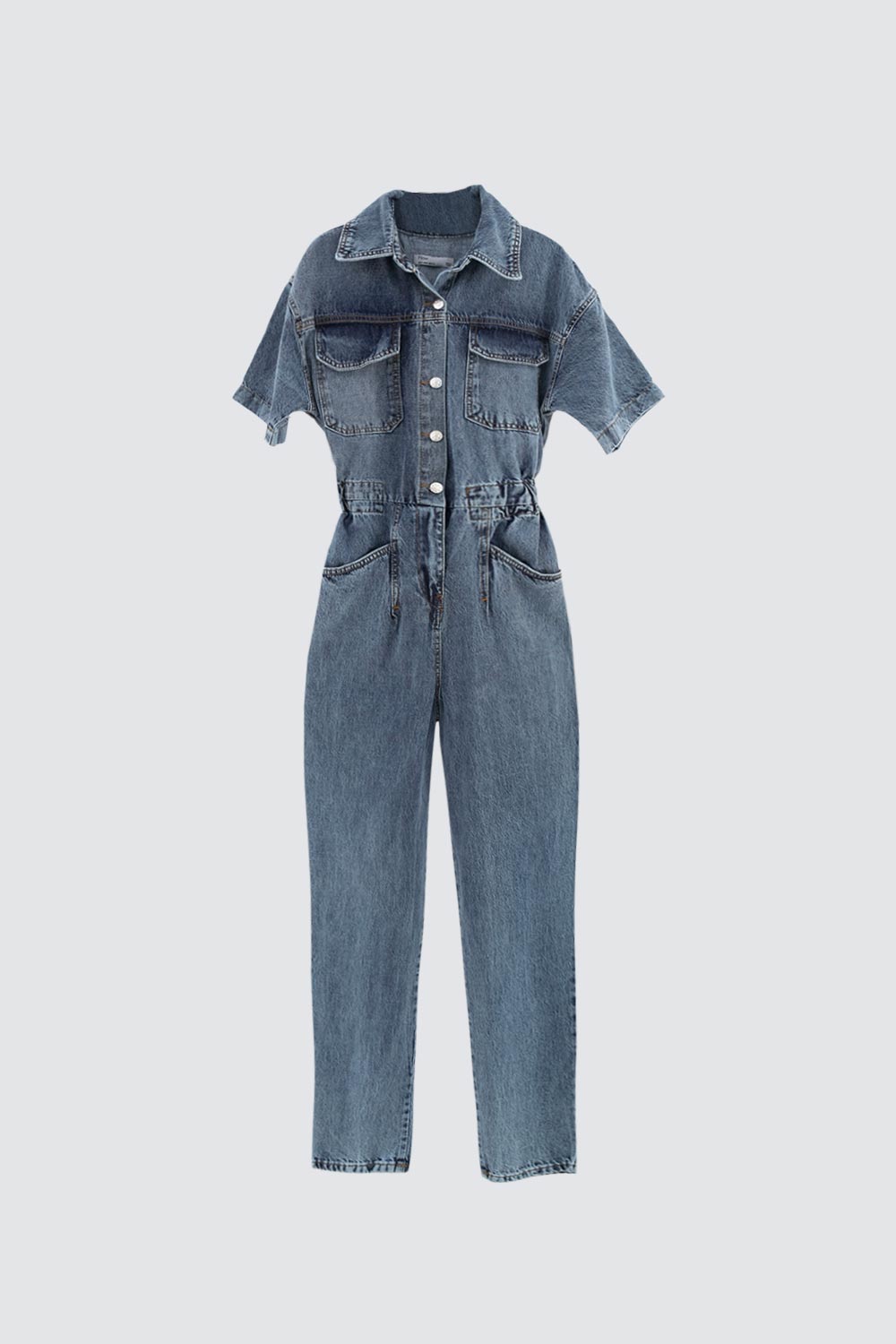 Yarım Kollu Gömlek Yaka Denim Mavi Kadın Tulum