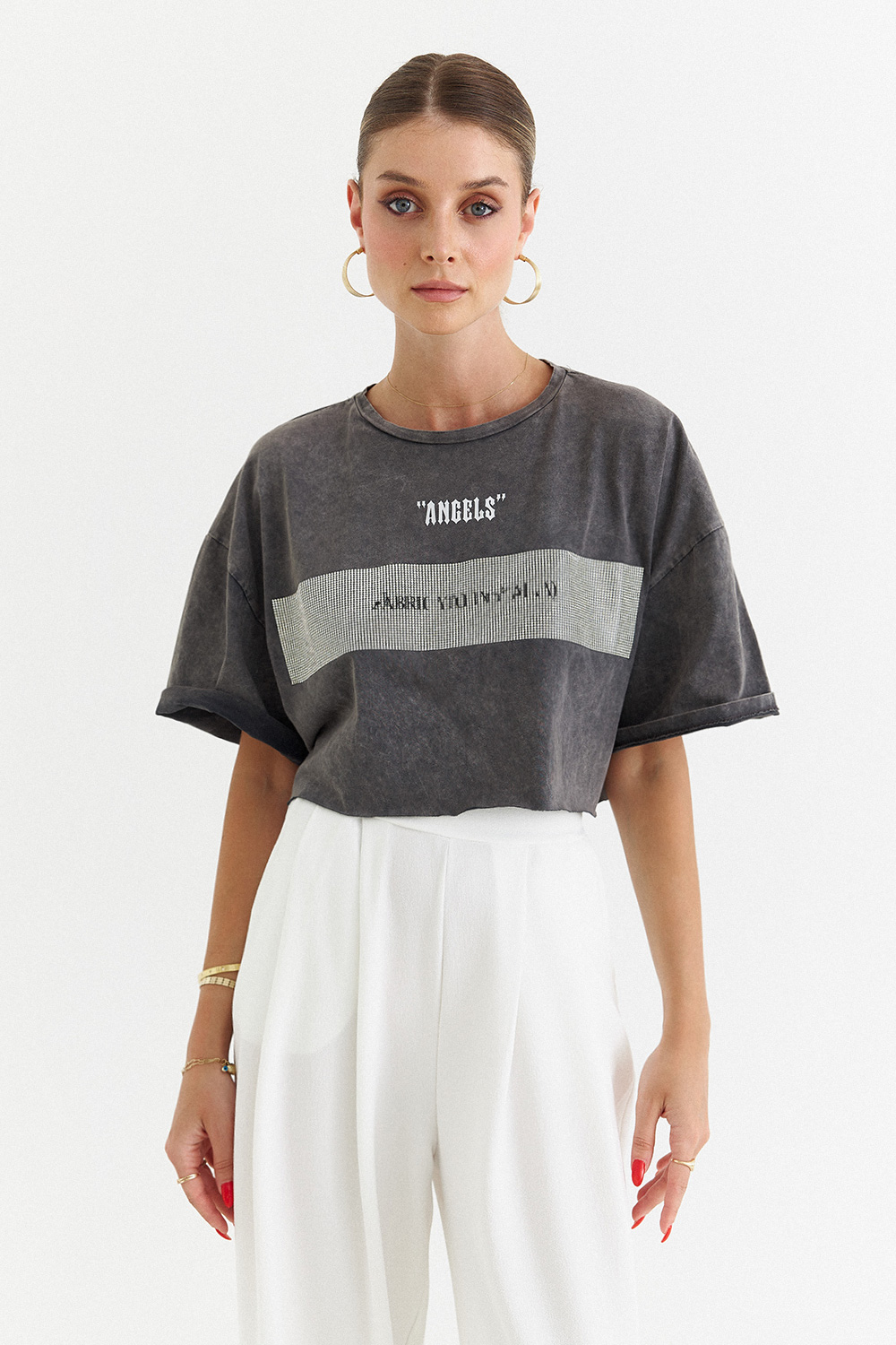 Yıkamalı Angels Crop Füme Kadın T-Shirt